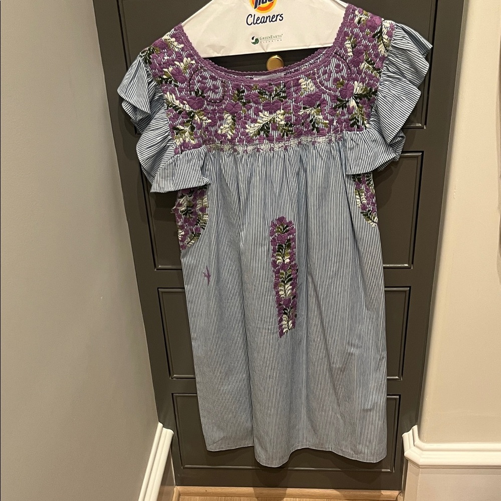 Mi Golondrina Blue Pinstriped Dress with Purple Floral Smocking